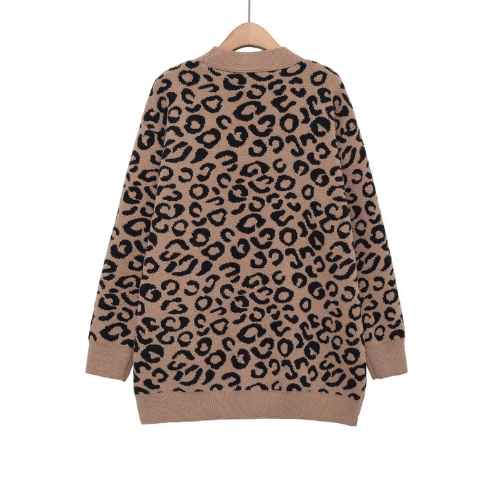 Damen Oversize-Strickcardigan mit Leoprint, V‑Ausschnitt und Knopfleiste Drune