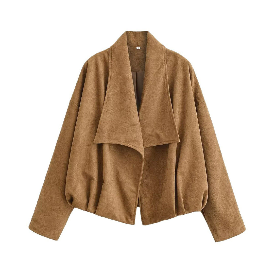 Damen Kurzjacke im Waterfall‑Look mit weichem Veloursfinish und weitem Schalkragen Drune