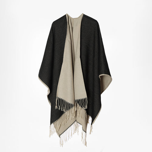Damen Reversibler Capeponcho im Layer‑Look mit Fransen und kastigem Oversize‑Fall Drune