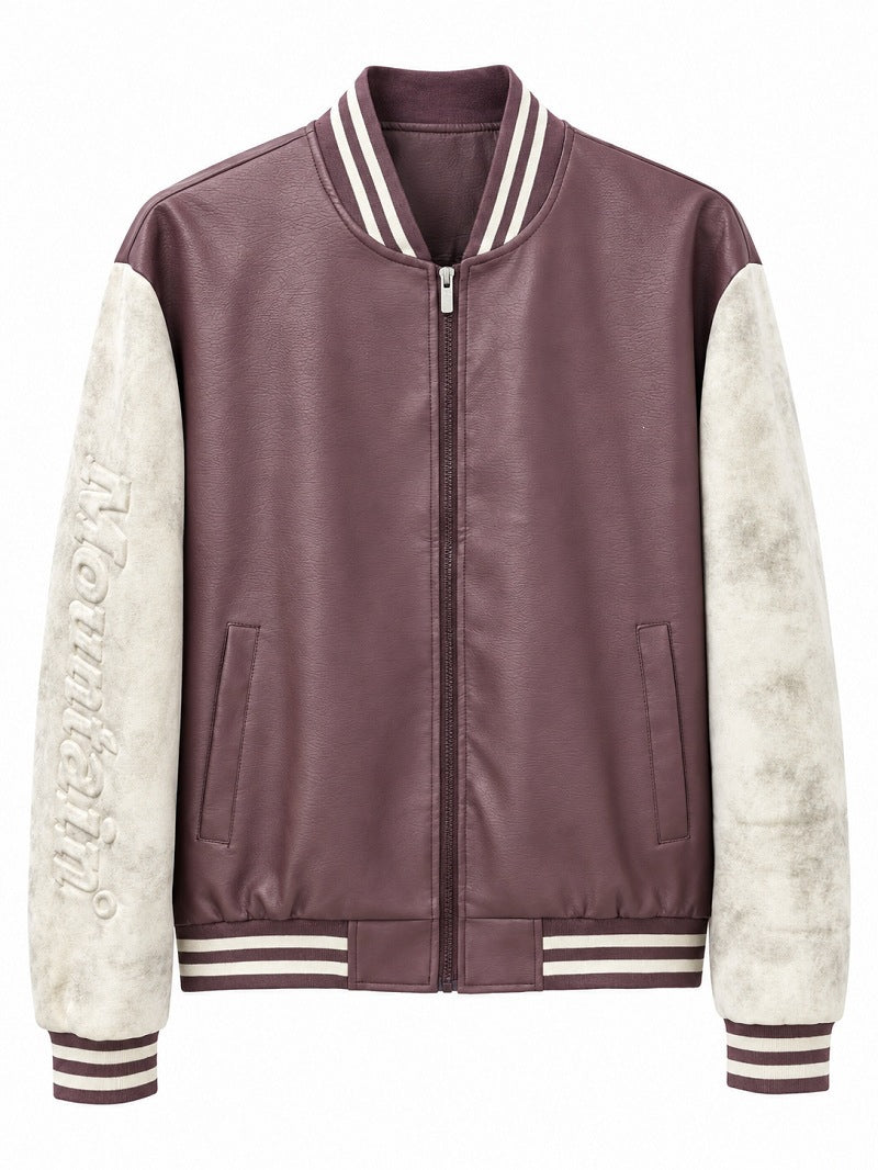 Herren Varsity‑Bomberjacke im College‑Stil mit Lederimitatkörper und kontrastierenden Wildlederärmeln Drune