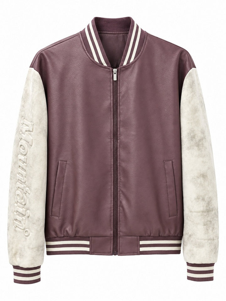 Herren Varsity‑Bomberjacke im College‑Stil mit Lederimitatkörper und kontrastierenden Wildlederärmeln Drune