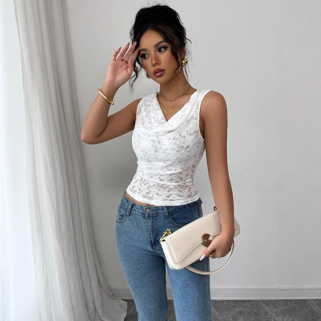 Damen nan Spitzen-Top mit Wasserfall-Ausschnitt und figurbetonter Taillierung Drune