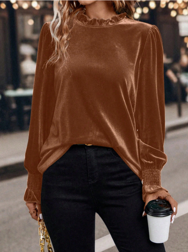 Damen Samtbluse mit Rüschenkragen und Smokbündchen Drune