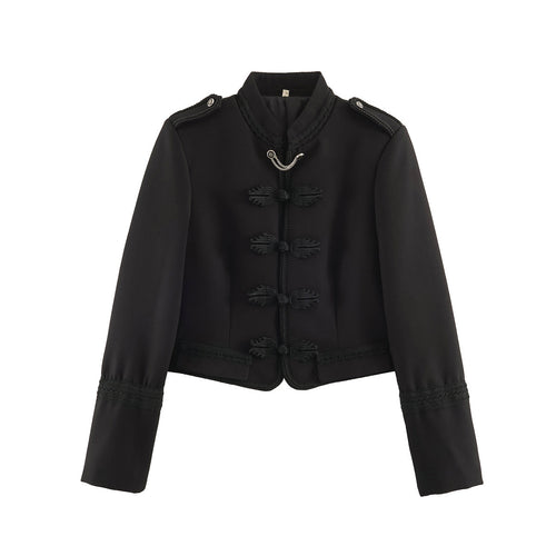 Damen Kurzblouson im Militärstil mit Mandarinkragen, Zierknoten und Epauletten Drune