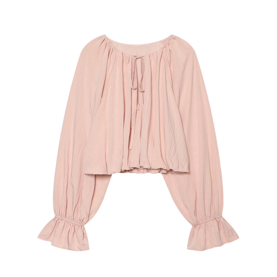 Damen Cropped Carmen‑Bluse mit Ballonärmeln, Tunnelzug und gerafftem Saum Drune