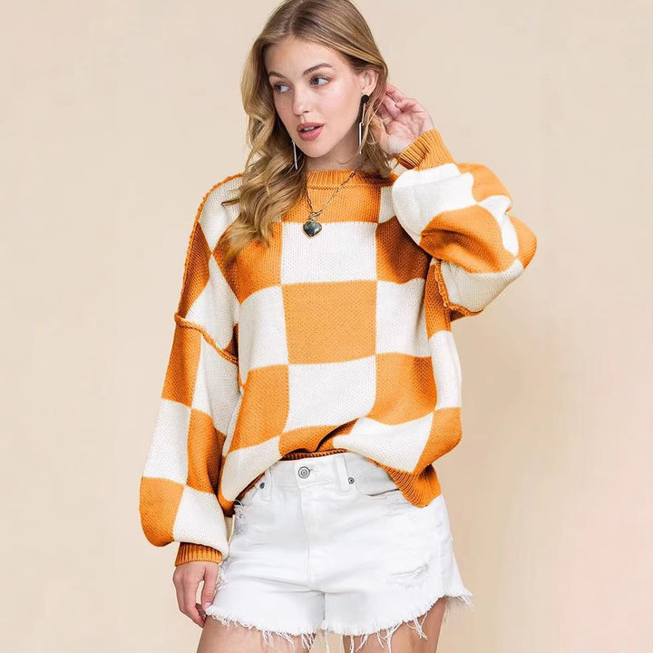 Damen Oversized Pullover mit Karomuster und voluminösen Ärmeln Drune
