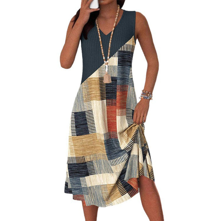 Damen nan ärmelloses V-Ausschnitt Midikleid mit diagonalem Patchworkmuster und geripptem Oberteil Drune