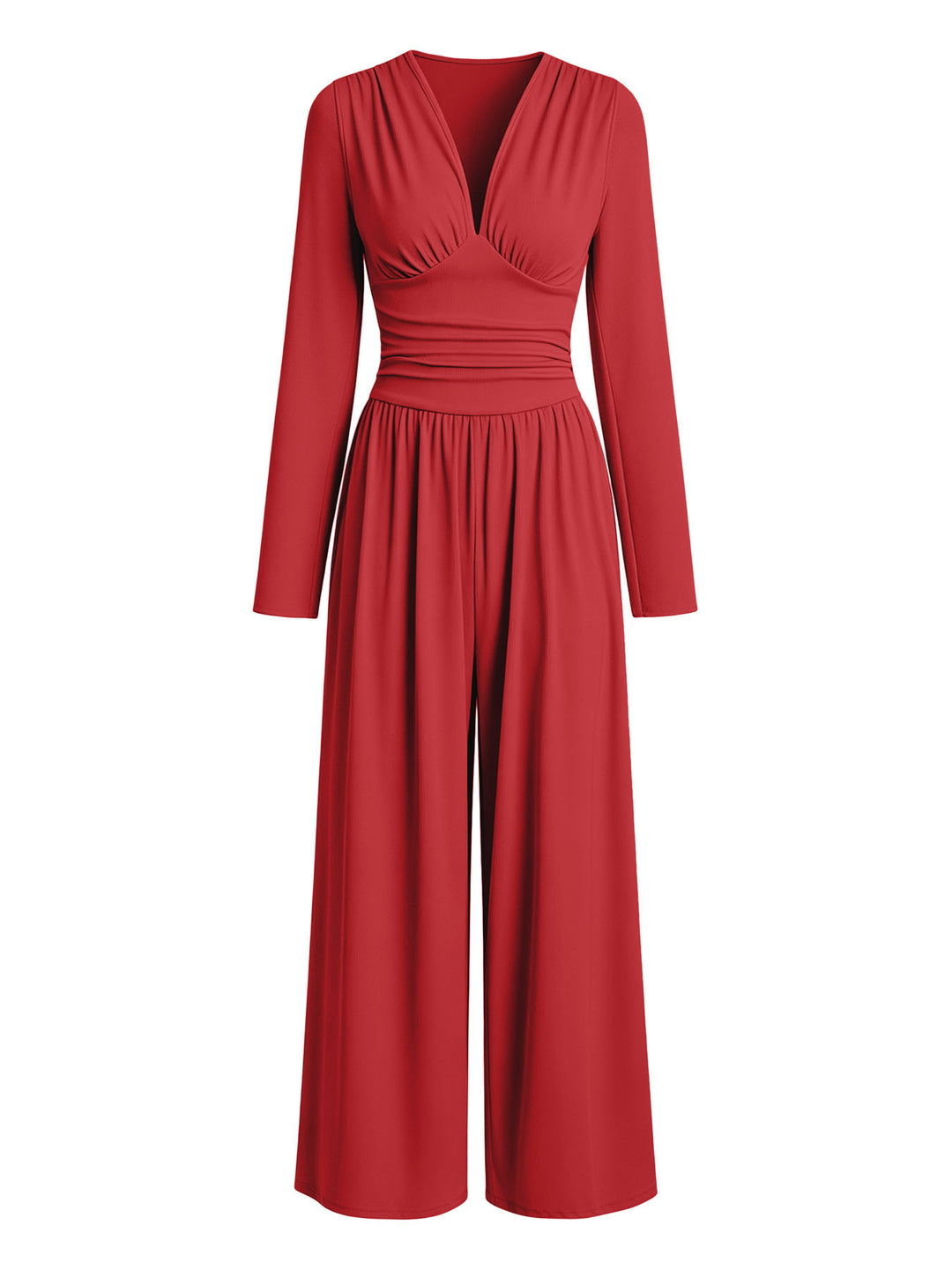 Damen Eleganter V‑Ausschnitt Jumpsuit mit tailliertem Wickelbund und weitem Hosenbein Drune