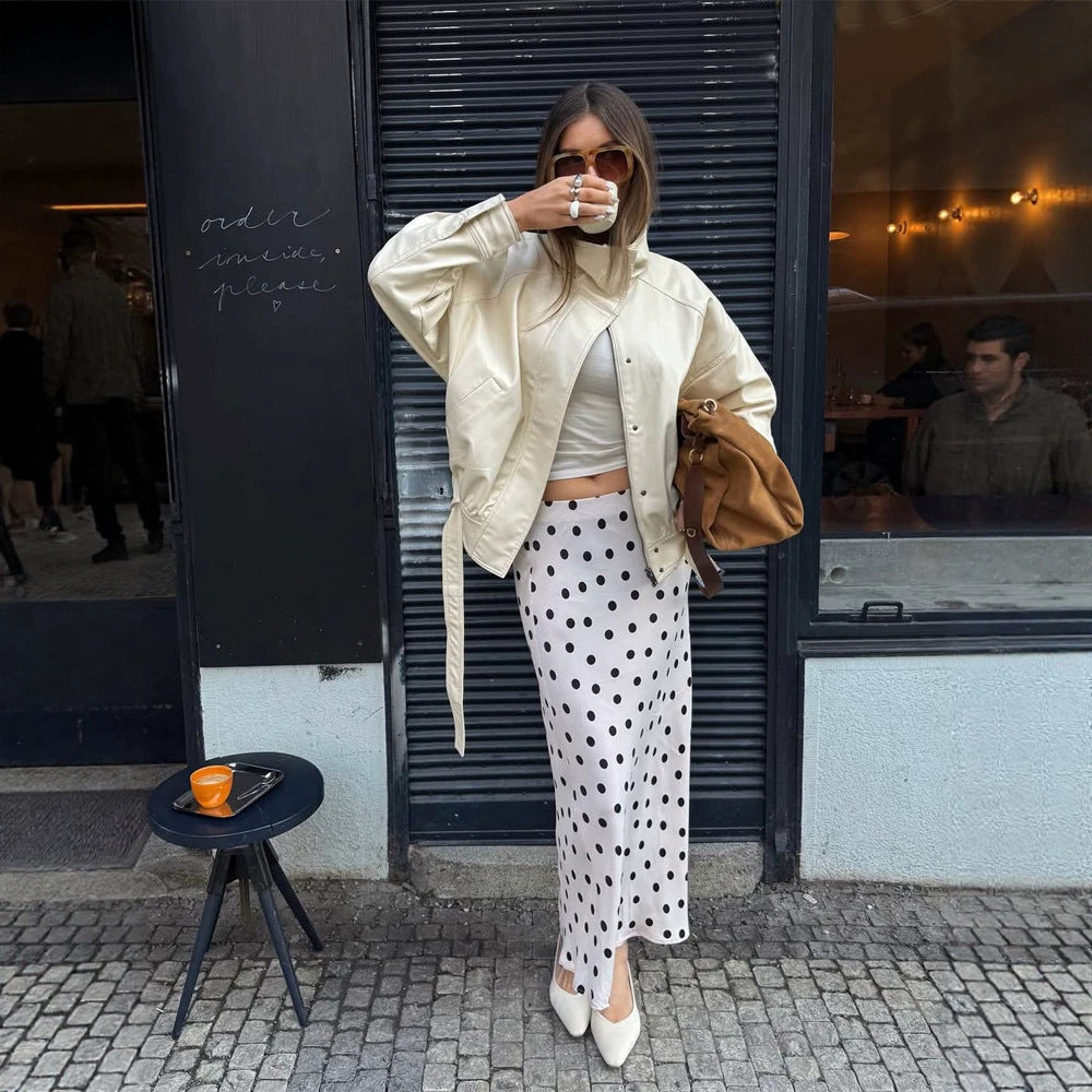 Damen Oversize-Lederimitatjacke mit Stehkragen und Tunnelzug Drune