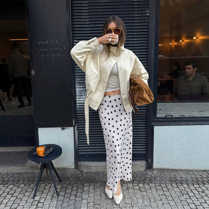 Damen Oversize-Lederimitatjacke mit Stehkragen und Tunnelzug Drune
