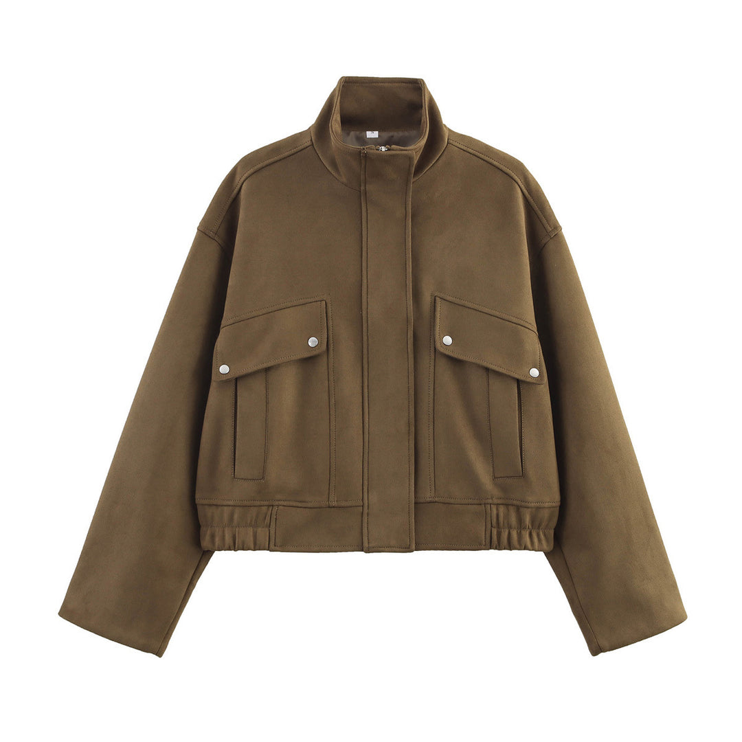Damen nan kurzes Blouson mit Stehkragen, aufgesetzten Klappentaschen und elastischem Saum Drune