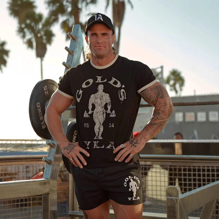 Herren nan Vintage Trainingsshirt mit Rundhalsausschnitt Kontrastbündchen und Retro-Bodybuilding-Druck Drune