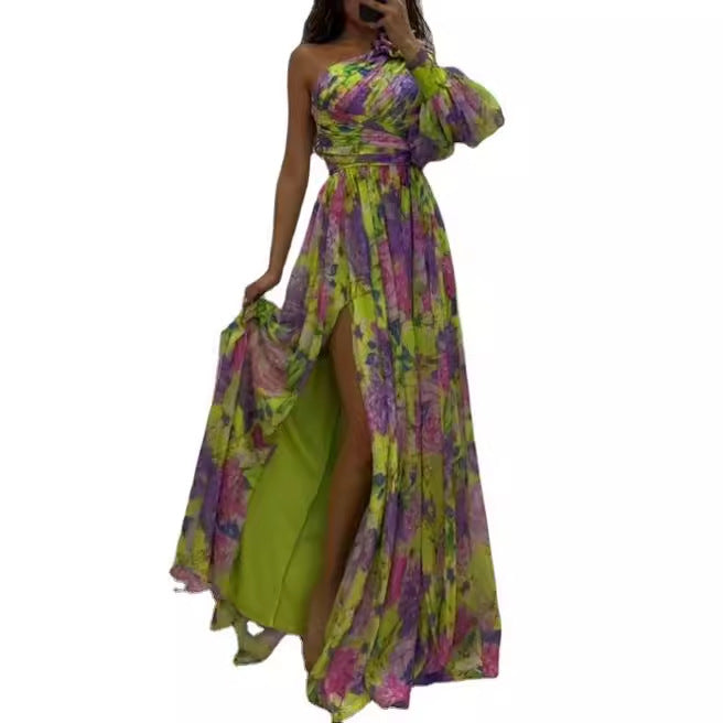 Damen Maxikleid mit asymmetrischem Träger und elegantem Floral-Design Drune