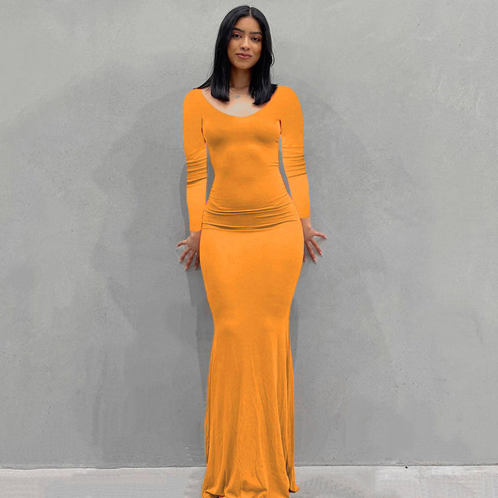 Damen Körperbetontes Maxi‑Jerseykleid mit taillierter Drapierung, langen Ärmeln und ausgestelltem Saum Drune