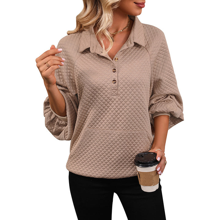 Damen Stepp-Polo-Sweatshirt mit Knopfleiste, Kängurutasche und Balloon-Ärmeln Drune