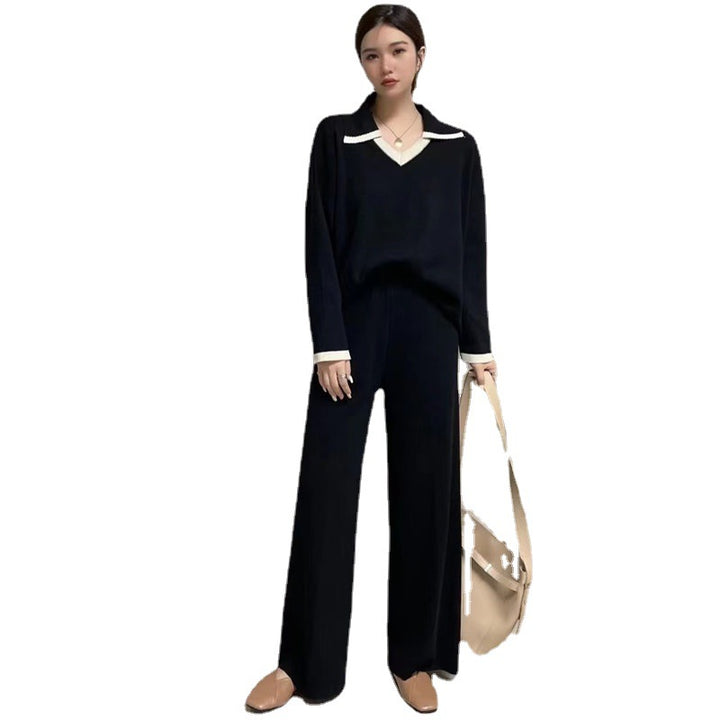 Damen elegantes und lässiges Strickensemble mit V-Ausschnitt und breitem Saum Drune