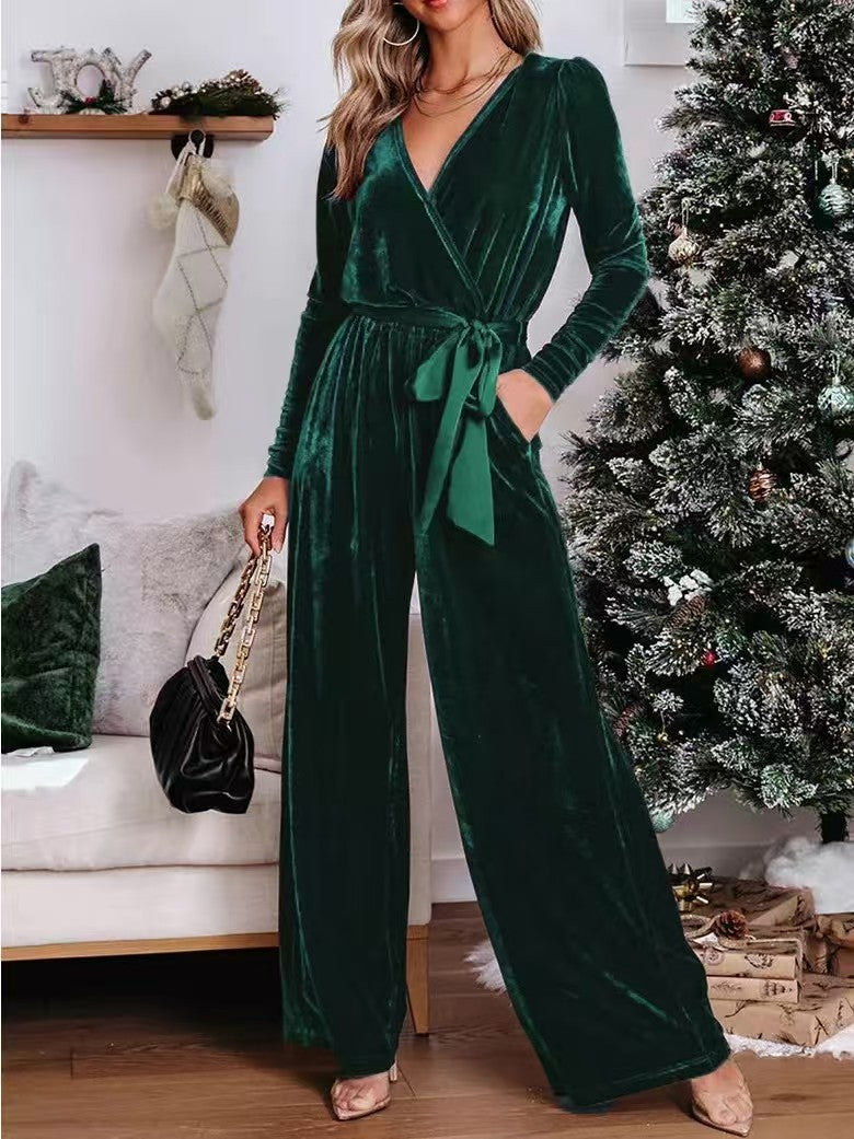 Damen Samt‑Jumpsuit mit Wickel‑V‑Ausschnitt, weitem Bein und Taillengürtel Drune