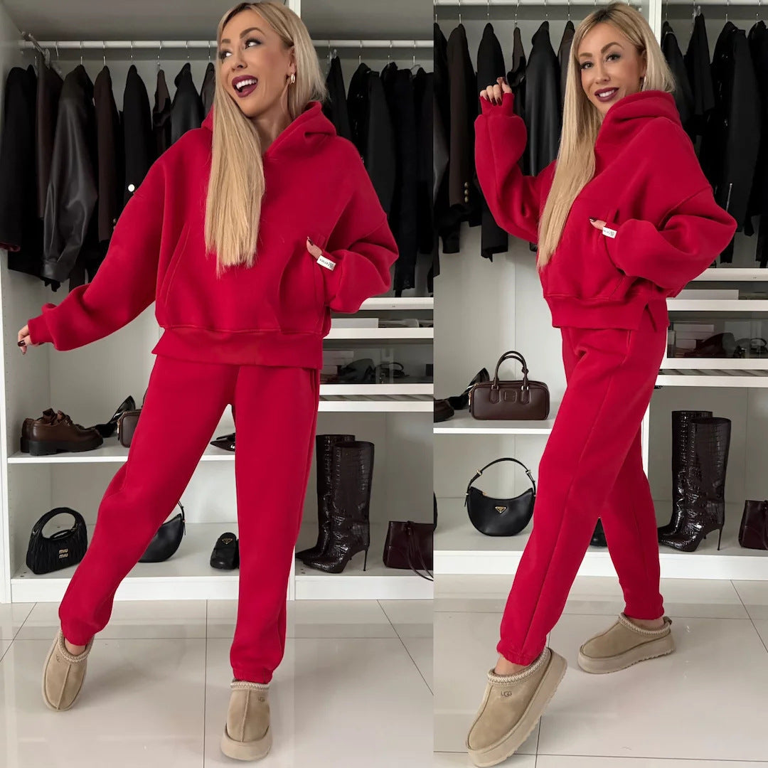 Damen Kurzgeschnittenes Kapuzen-Hoodie und High‑Waist Jogginghose Set aus weichem French-Terry Drune