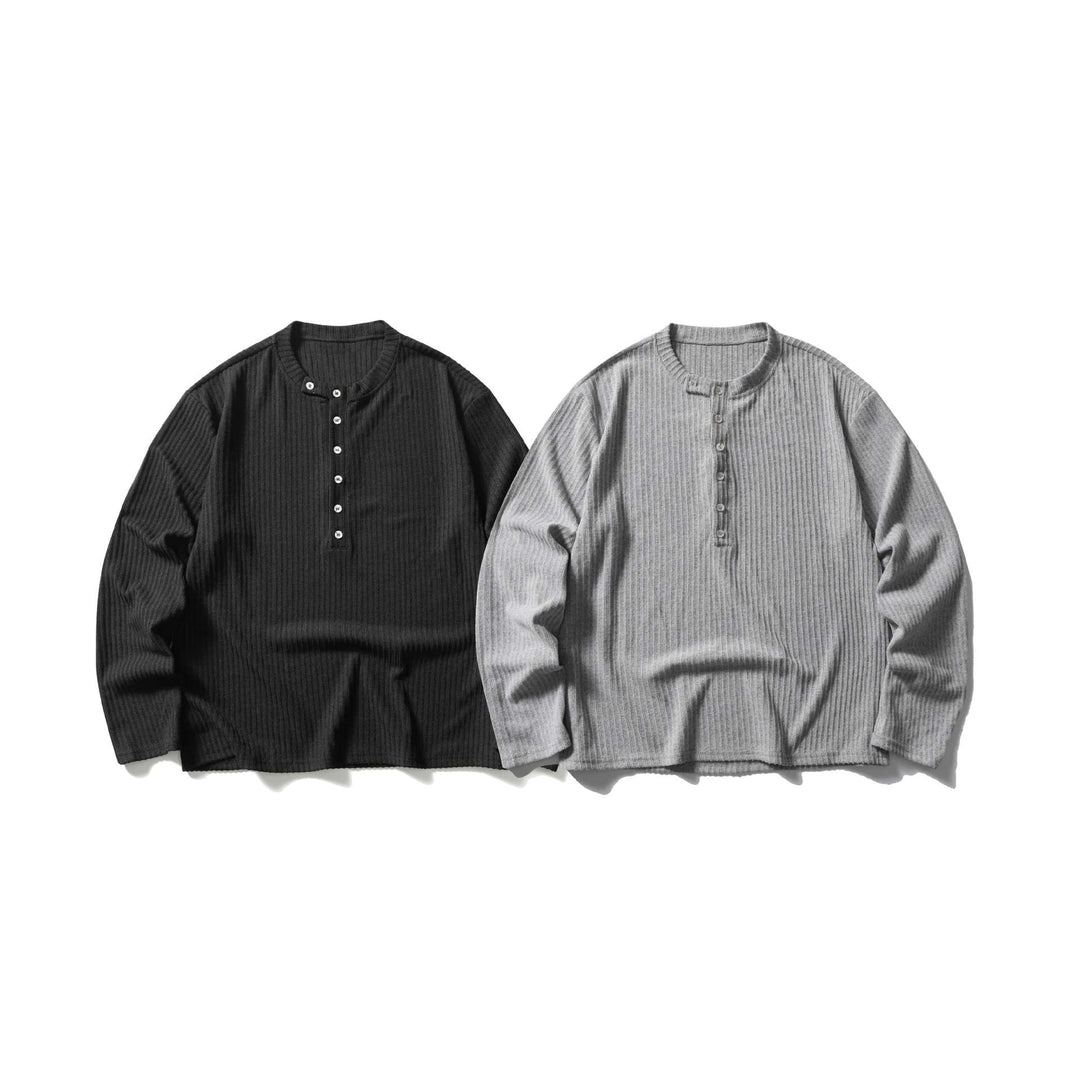 Unisex Gerippter Henley-Pullover mit Rundhals und durchgehender Knopfleiste Drune