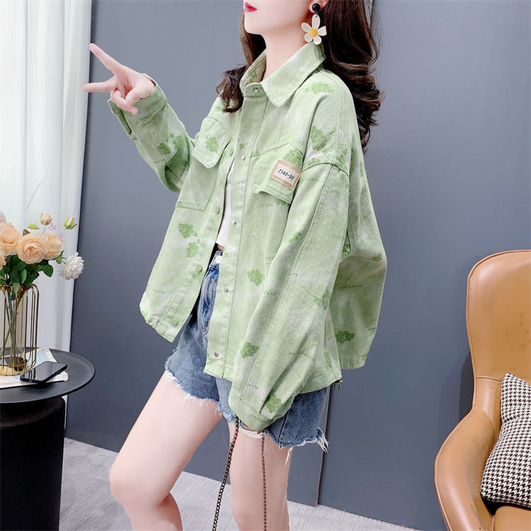 Damen Lässige Denimjacke mit floralem Print Drune