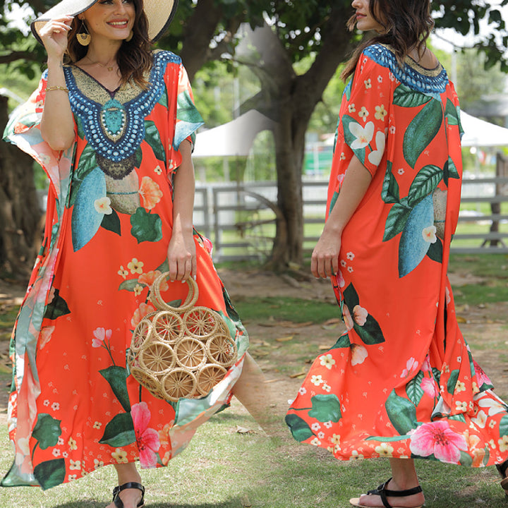 Damen Strandkaftan mit kunstvollem Blumenmuster und dekorativer Perlenverzierung Drune