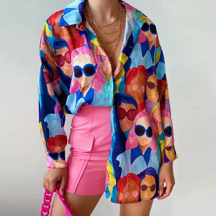 Damen Oversized Bluse mit buntem Grafikdruck Drune