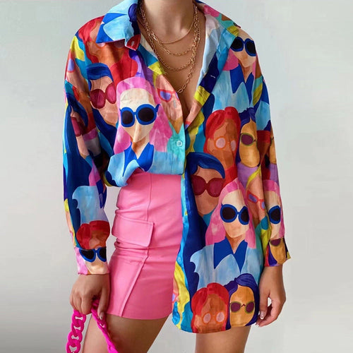 Damen Oversized Bluse mit buntem Grafikdruck Drune