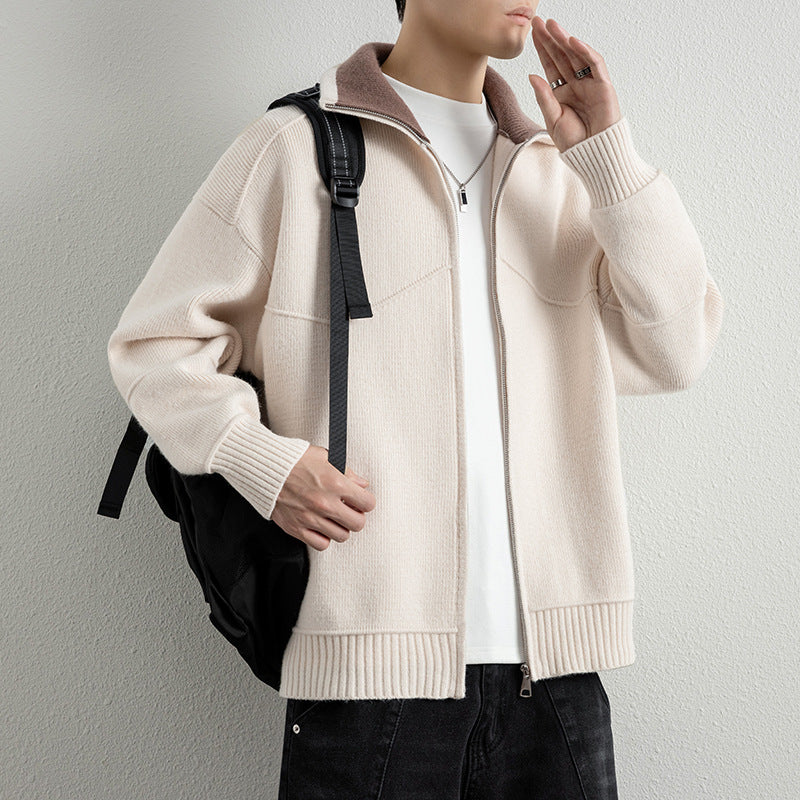 Herren Strick-Zipjacke mit Kontrastkragen und Rippbündchen Drune