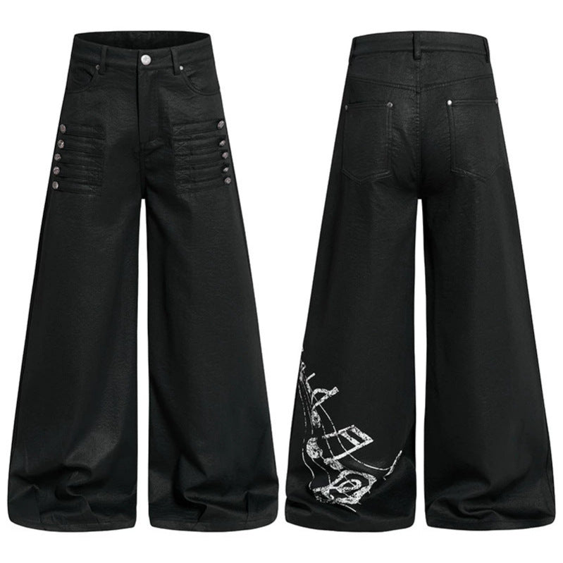Damen Weite hochgeschnittene Palazzo-Hose mit beschichteter Lederoptik, extra weitem Bein und Statement-Print Drune