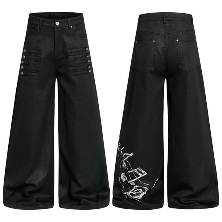 Damen Weite hochgeschnittene Palazzo-Hose mit beschichteter Lederoptik, extra weitem Bein und Statement-Print Drune