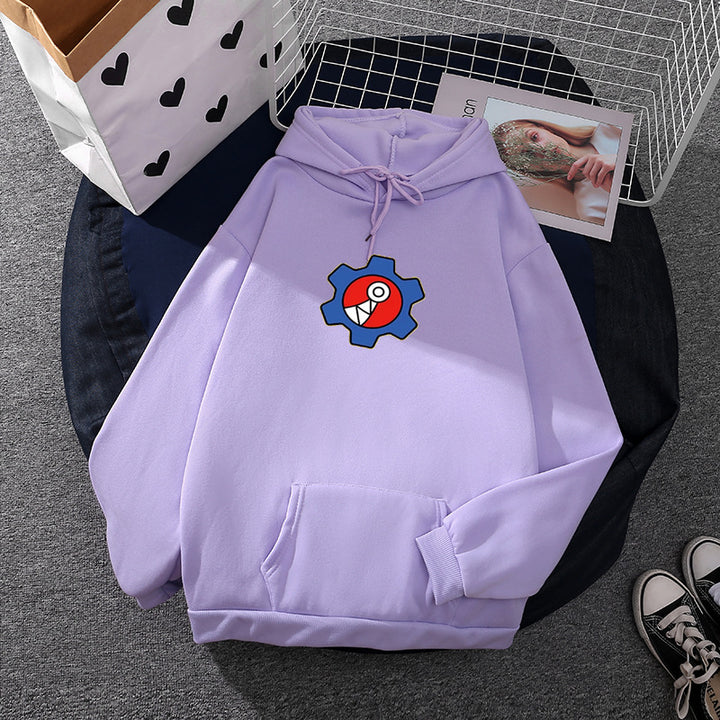 Damen nan oversized Fleece-Kapuzenpullover mit weicher Innenseite, Kängurutasche und appliziertem Zahnrad-Comic-Motiv Drune