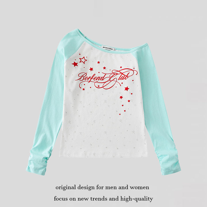 Damen Raglan-Langarmshirt mit U-Boot-Ausschnitt, Sternen-Print und gerafften Ärmeln Drune