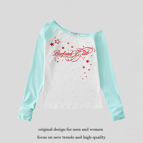 Damen Raglan-Langarmshirt mit U-Boot-Ausschnitt, Sternen-Print und gerafften Ärmeln Drune