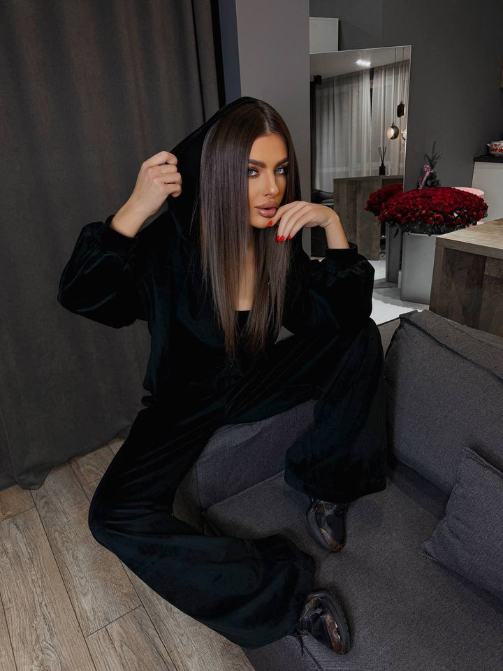Damen luxuriöses Velours-Cropped-Hoodie und High-Waist Weite Jogginghose Set Drune