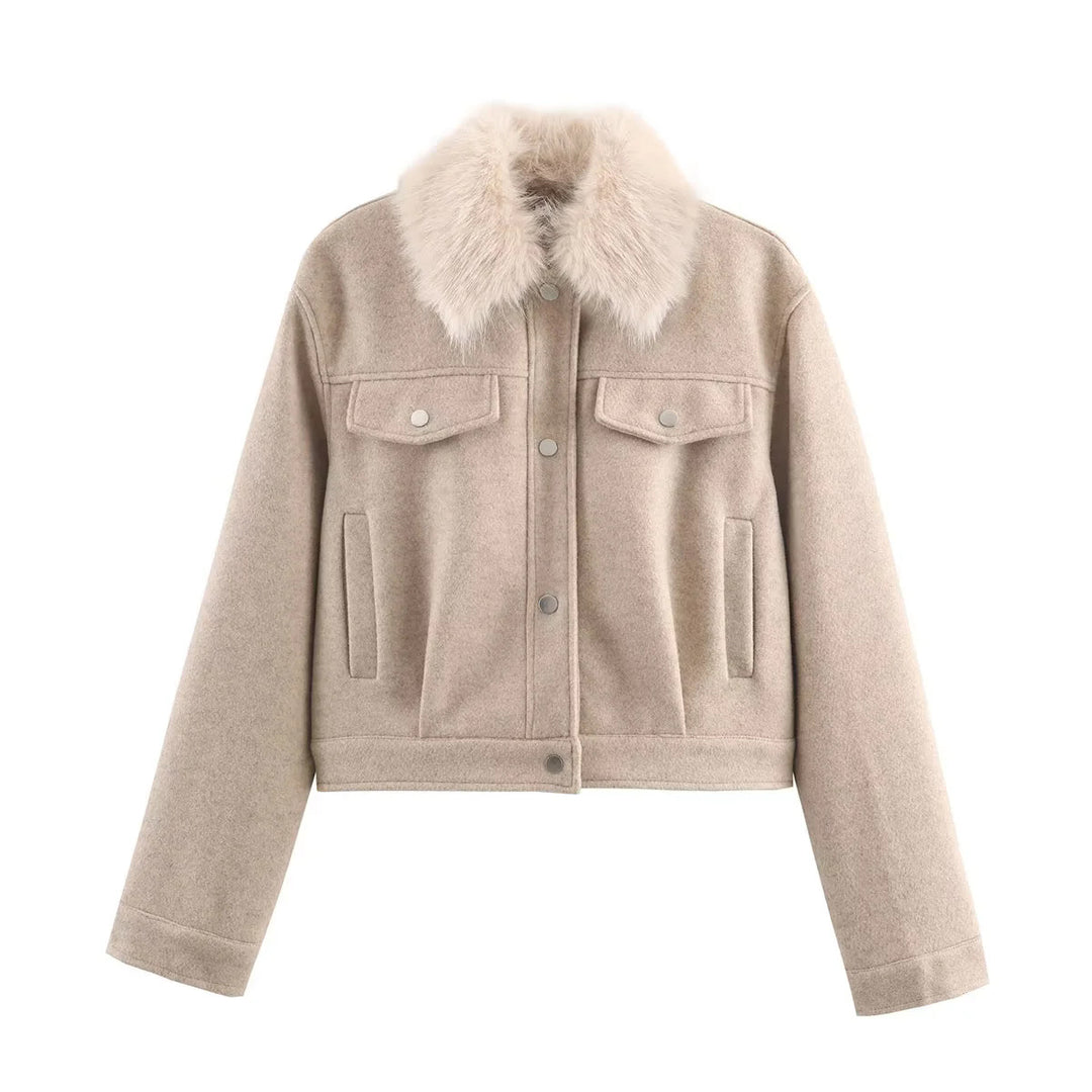 Damen nan kurzer Wollblouson mit abnehmbarem Kunstfellkragen, Brustklappen und verdeckter Druckknopfleiste Drune