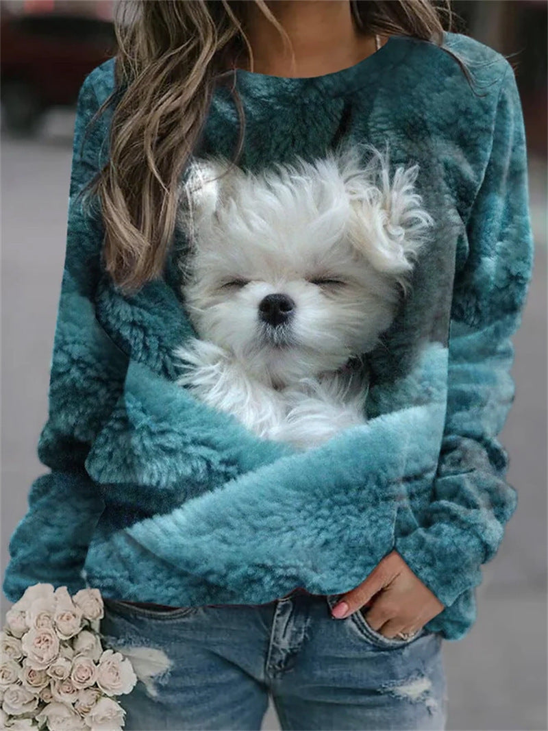 Damen Gemütlicher Übergroßer Fleece-Pullover mit Großem Welpenfoto-Print Drune