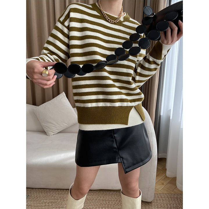 Damen lässiger Streifenpullover mit hohem Kragen und lockerer Passform Drune