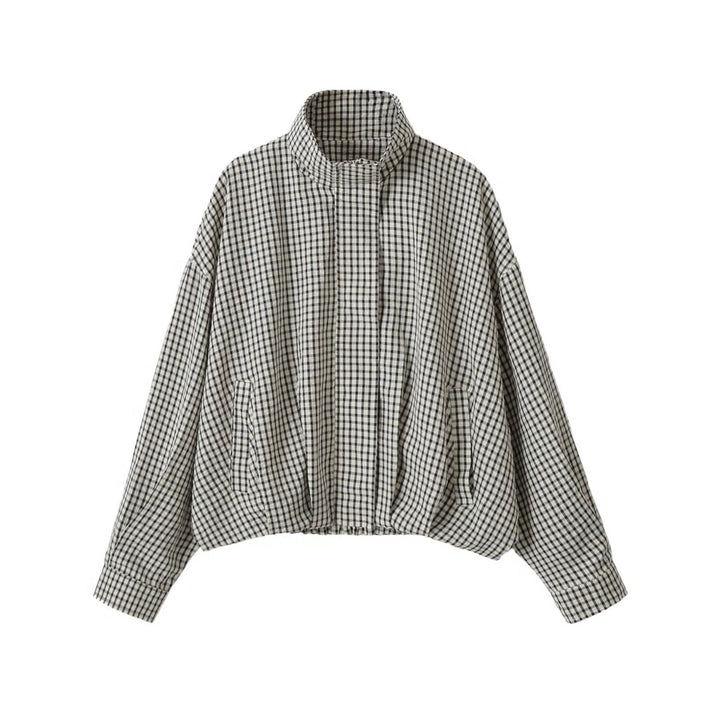Damen Oversize Kurzblouson im Karo-Design mit hohem Stehkragen und Tunnelzugsaum Drune