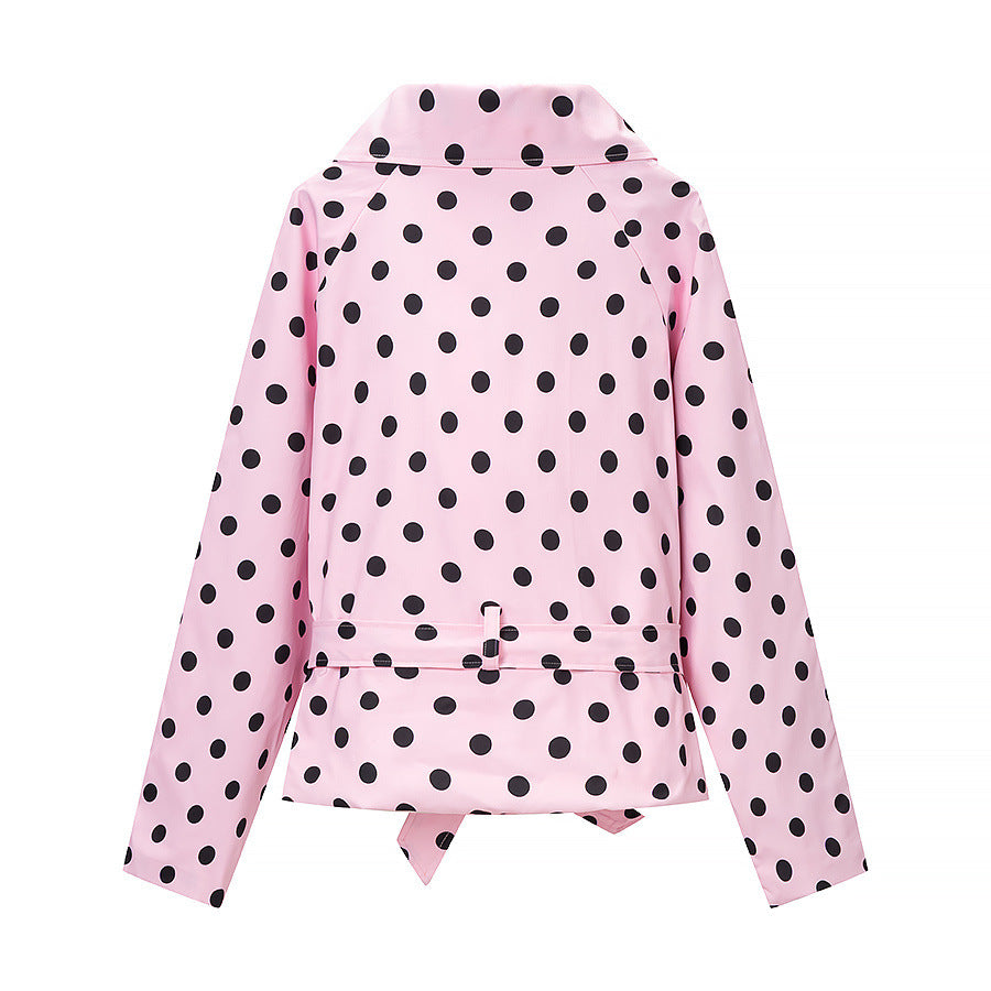 Damen Kurztrenchjacke im Polka‑Dot‑Muster, doppelreihig mit Taillengürtel Drune