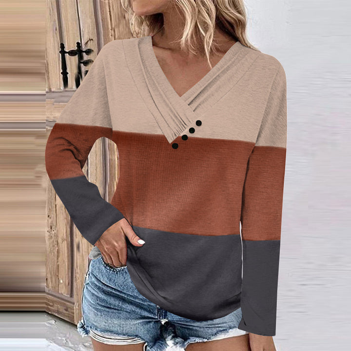 Damen Gerippter V-Ausschnitt Pullover mit Farbverlauf, Zierknöpfen und legerer Passform Drune