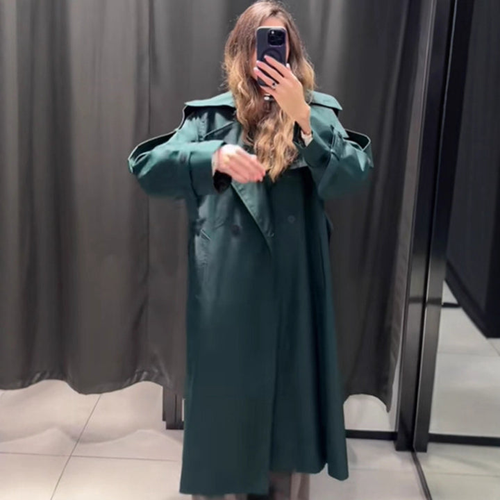 Damen Langer wasserabweisender Trenchcoat mit Taillengürtel und hohem Stehkragen Drune