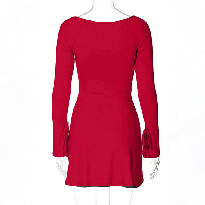 Damen figurbetontes Minikleid mit quadratischem Ausschnitt langen Ärmeln Bindbändern an den Ärmelabschlüssen und seitlichem Schlitz Drune