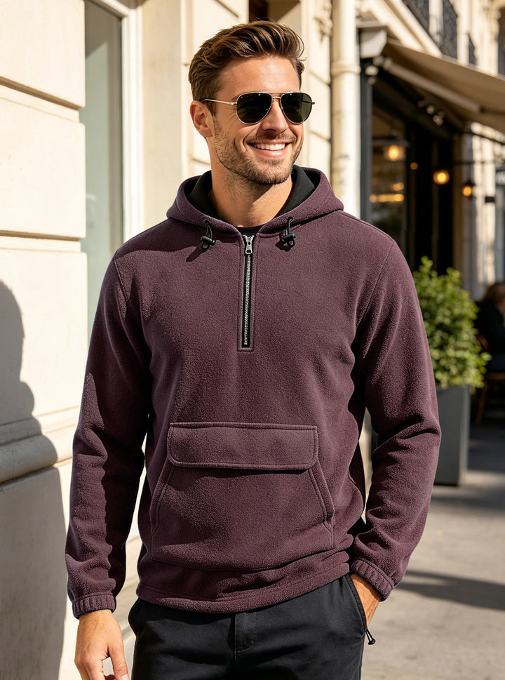 Herren Fleece-Hoodie mit halbem Reißverschluss, Kängurutasche und verstellbarer Kapuze Drune