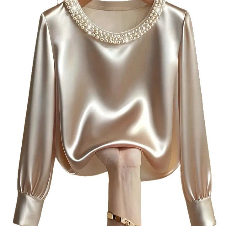 Damen elegante satinierte Bluse mit Perlenkragen Drune