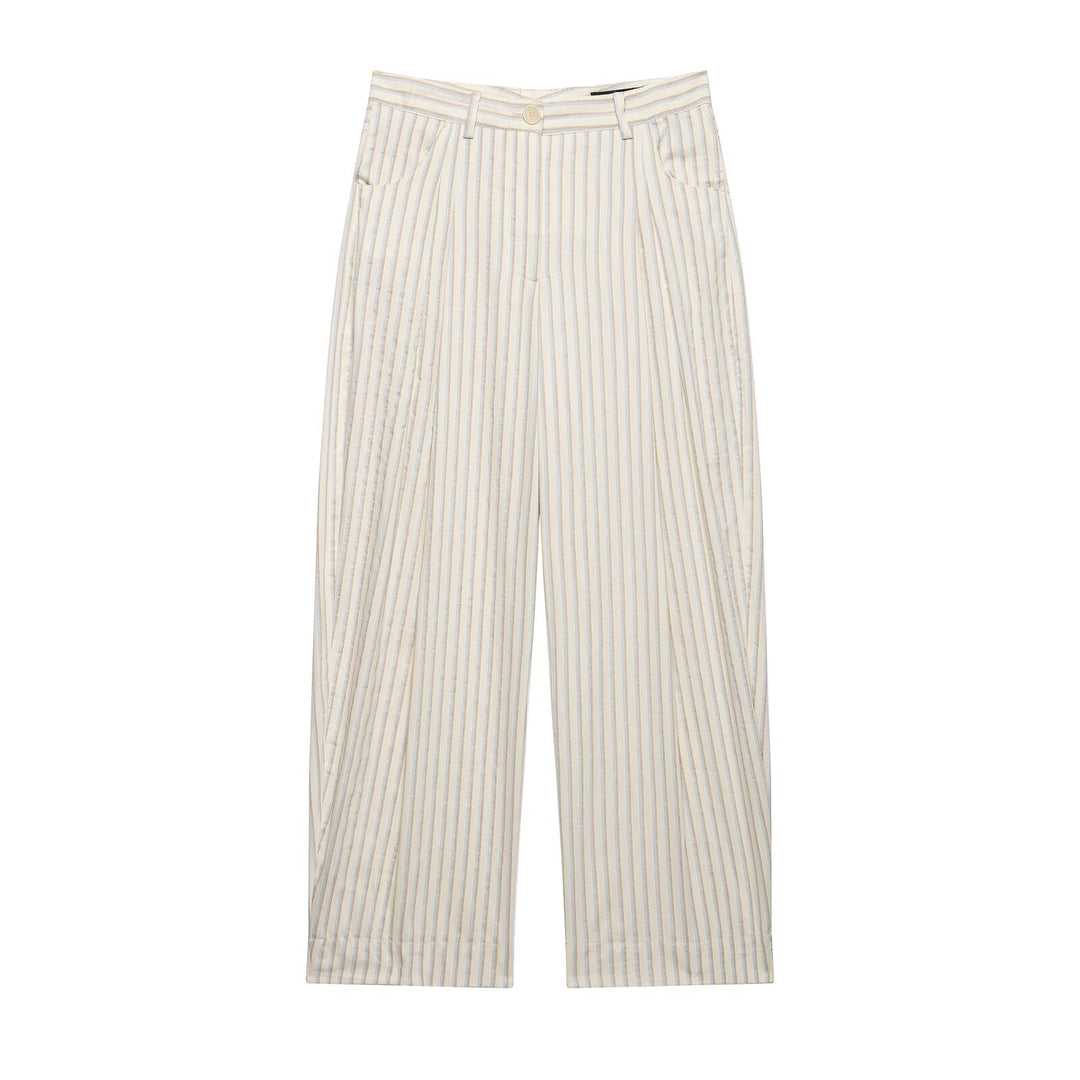 Damen Weite High‑Waist‑Hose aus leichter Baumwollmischung mit feinem Nadelstreifen und Bundfalten Drune