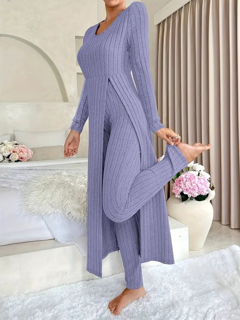 Damen eleganter und modischer Jumpsuit mit seitlichen Schlitzen und langen Ärmeln Drune