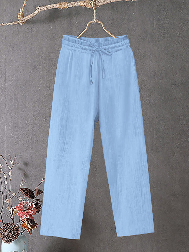 Damen Crinkle Leinenmischung Hose mit elastischem Kordelzug, gerade Beinform und lässiger Passform Drune