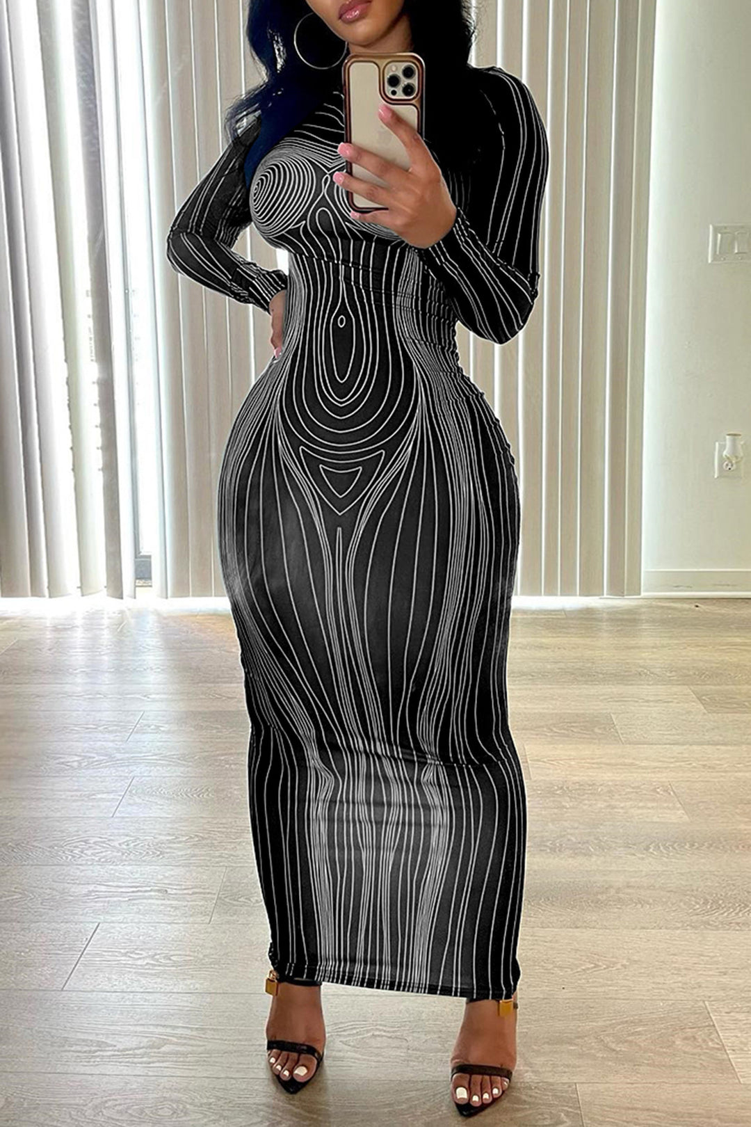 Damen Langarm Maxikleid mit figurformender Linienstruktur Drune