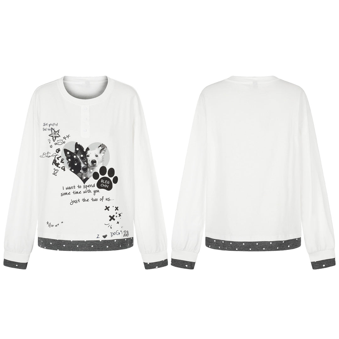 Damen Langarm-Pyjama-Top mit halbnaher Knopfleiste, Herz-Hundeprint und kontrastiertem Bündchen Drune