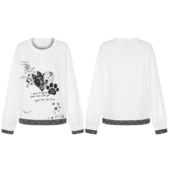 Damen Langarm-Pyjama-Top mit halbnaher Knopfleiste, Herz-Hundeprint und kontrastiertem Bündchen Drune